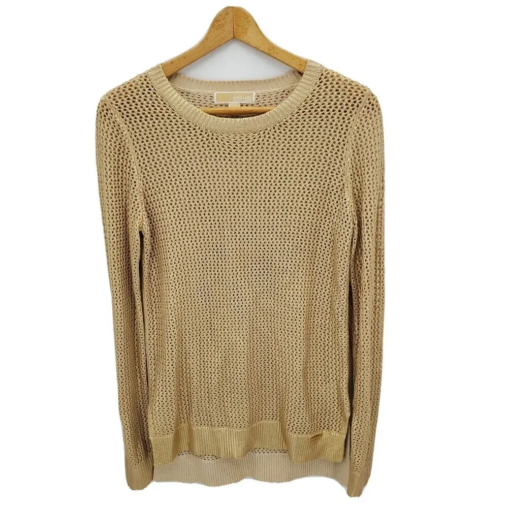 Michael Kors Womens Tunic Sweater Open Knit Gold Metallic Coated Size Medium